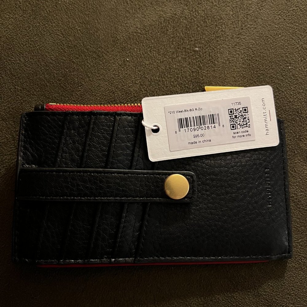 NWT HAMMITT 210 WEST Leather Wallet Black / Brushed Gold Red Zip - Picture 3 of 6